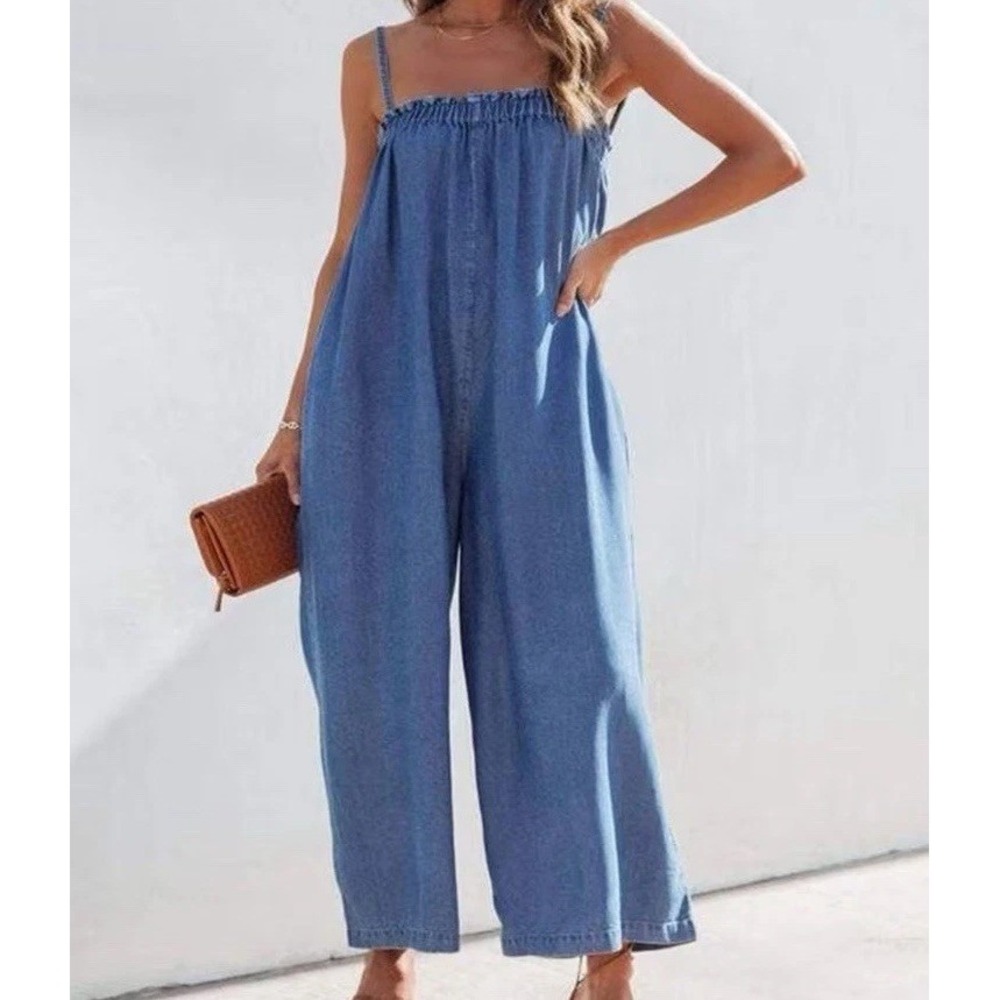Baggy Denim Jumpsuits Women's Medium Loose Jeans Square Neck Tank Romper Pockets